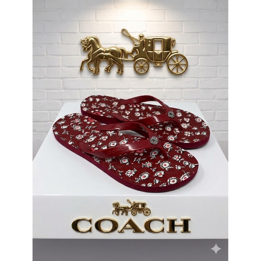 Coach Red Daisy floral Print❤️ Turnlock Flip Flop Sandals Womens Size‎ 6B luxury
